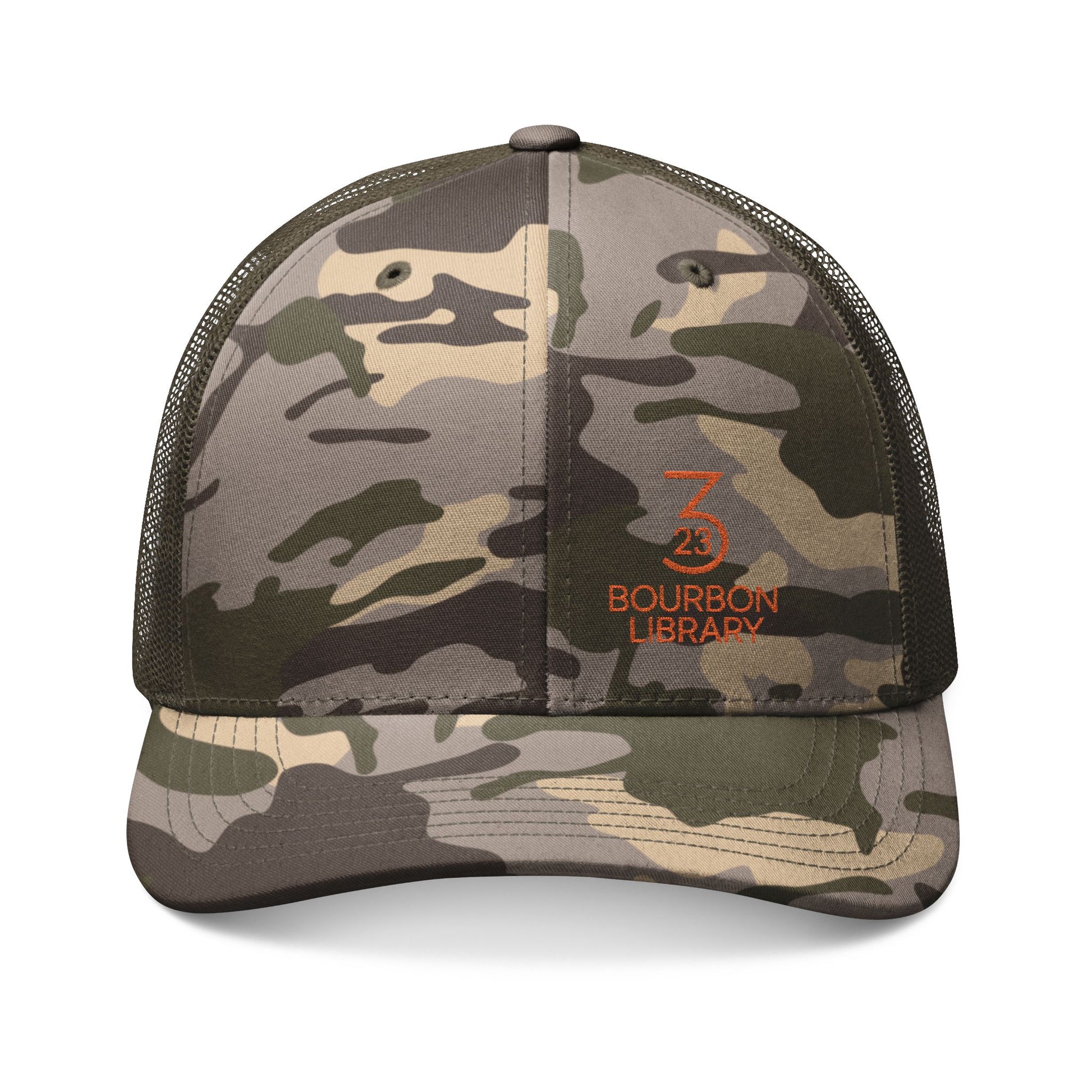 Camouflage Trucker Hat with 323 Bourbon Library Embroidery | Outdoor Fashion, Gift for Him, Hunting Gear, Personal Style, Relaxed Vibes