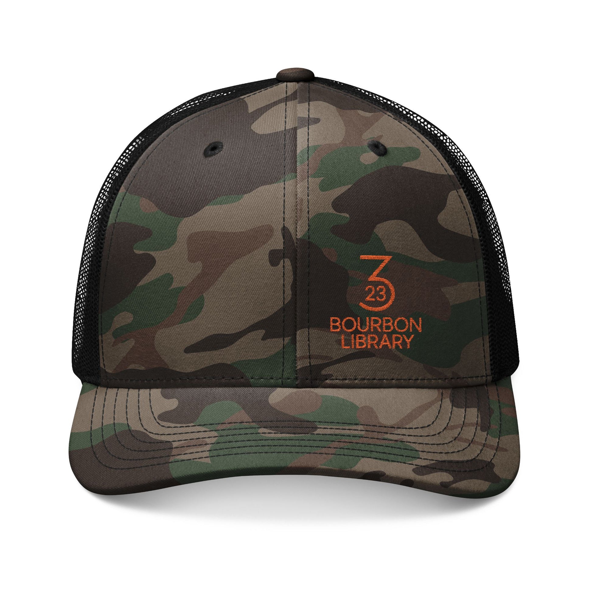 Camouflage Trucker Hat with 323 Bourbon Library Embroidery | Outdoor Fashion, Gift for Him, Hunting Gear, Personal Style, Relaxed Vibes