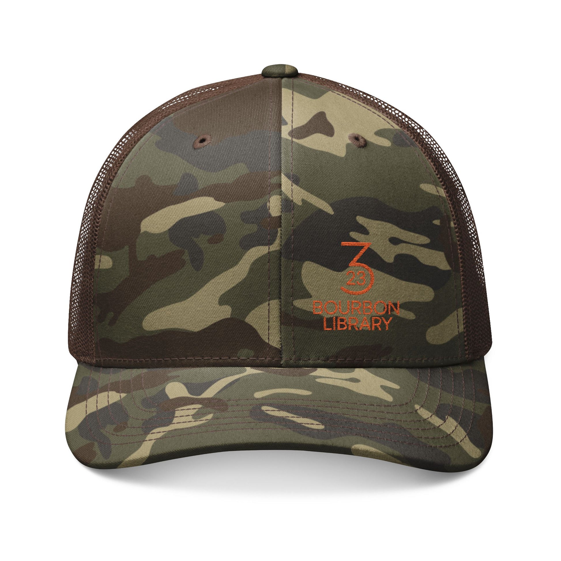 Camouflage Trucker Hat with 323 Bourbon Library Embroidery | Outdoor Fashion, Gift for Him, Hunting Gear, Personal Style, Relaxed Vibes