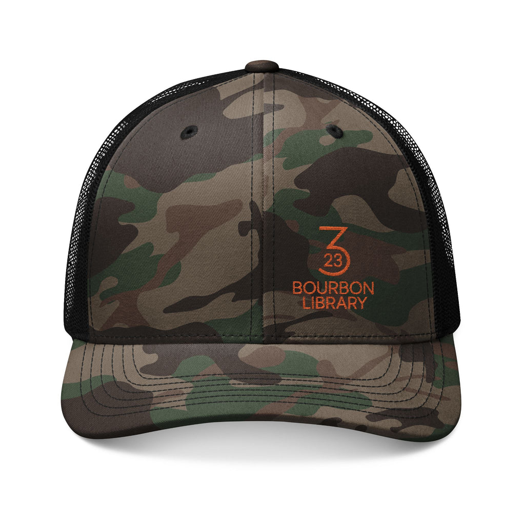 Camouflage Trucker Hat with 323 Bourbon Library Embroidery | Outdoor Fashion, Gift for Him, Hunting Gear, Personal Style, Relaxed Vibes